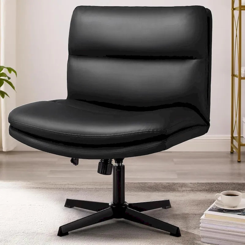 Armless Office Desk Chair with PU Leather Seat, Swivel Base, No Wheels