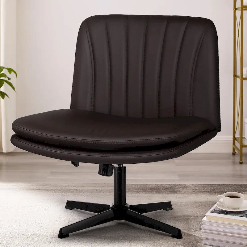 Armless Office Desk Chair with PU Leather Seat, Swivel Base, No Wheels