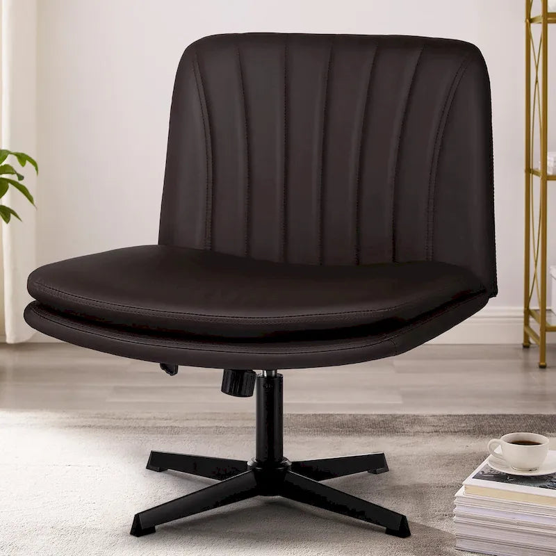 Armless Office Desk Chair with PU Leather Seat, Swivel Base, No Wheels