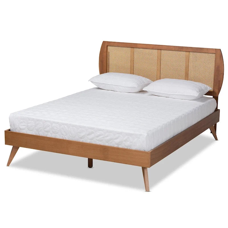 Walnut Finished Wood and Synthetic Rattan Platform Bed