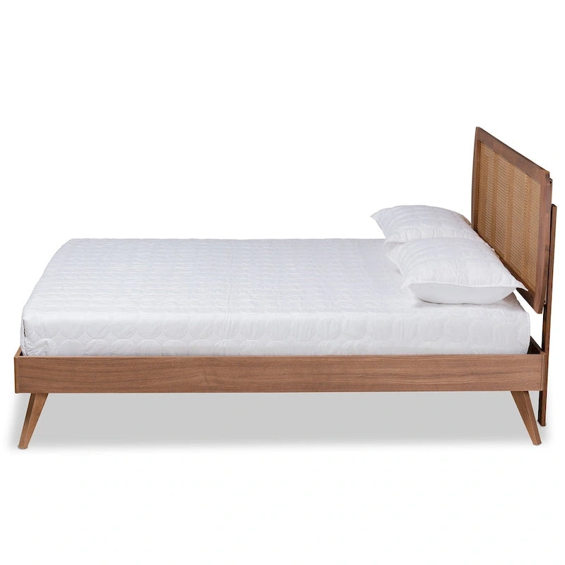 Walnut Finished Wood and Synthetic Rattan Platform Bed