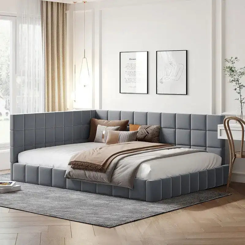 Full Size Upholstered Daybed with L-Shaped Headboard