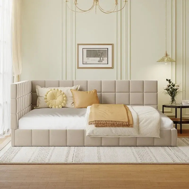 Full Size Upholstered Daybed with L-Shaped Headboard