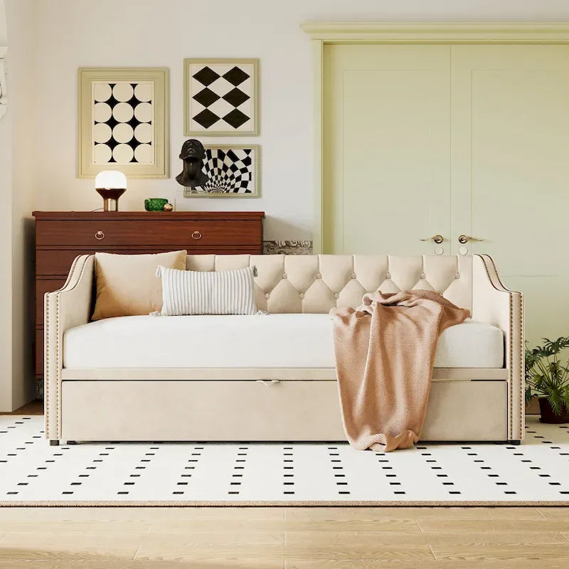 Twin Size Upholstered Daybed with Pop-Up Trundle