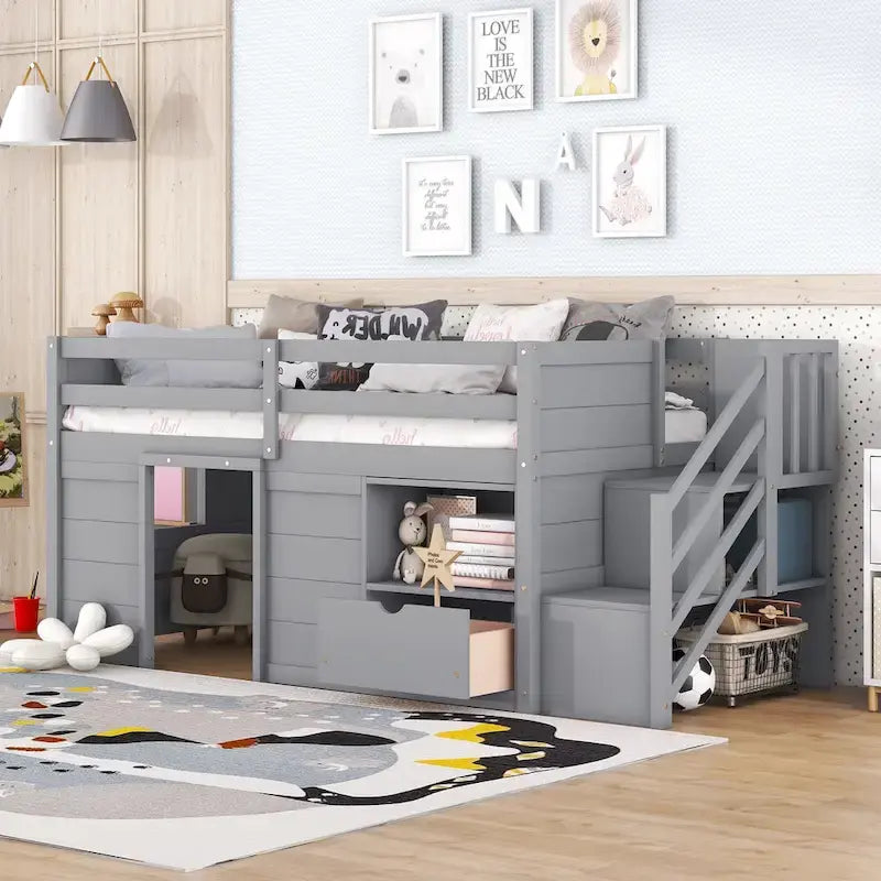 Laag halfhoog bed voor één persoon met trap, lade en plank – grijs