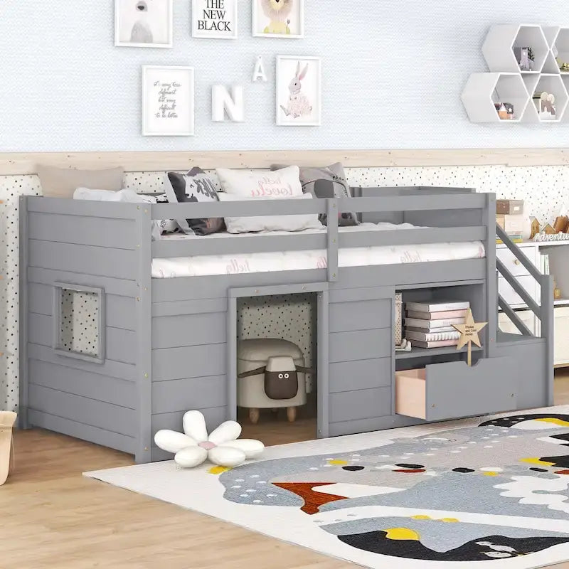 Twin Size Low Loft Bed with Stair, Drawer and Shelf – Gray