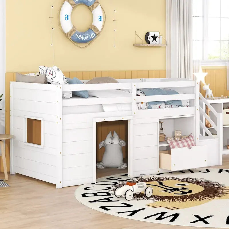 Laag halfhoog bed voor één persoon met trap, lade en plank – grijs