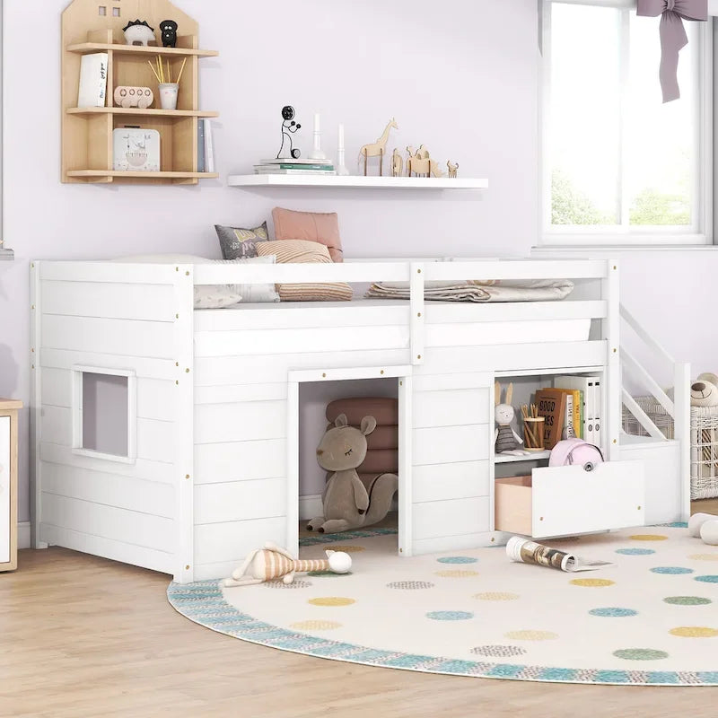 Laag halfhoog bed voor één persoon met trap, lade en plank – grijs