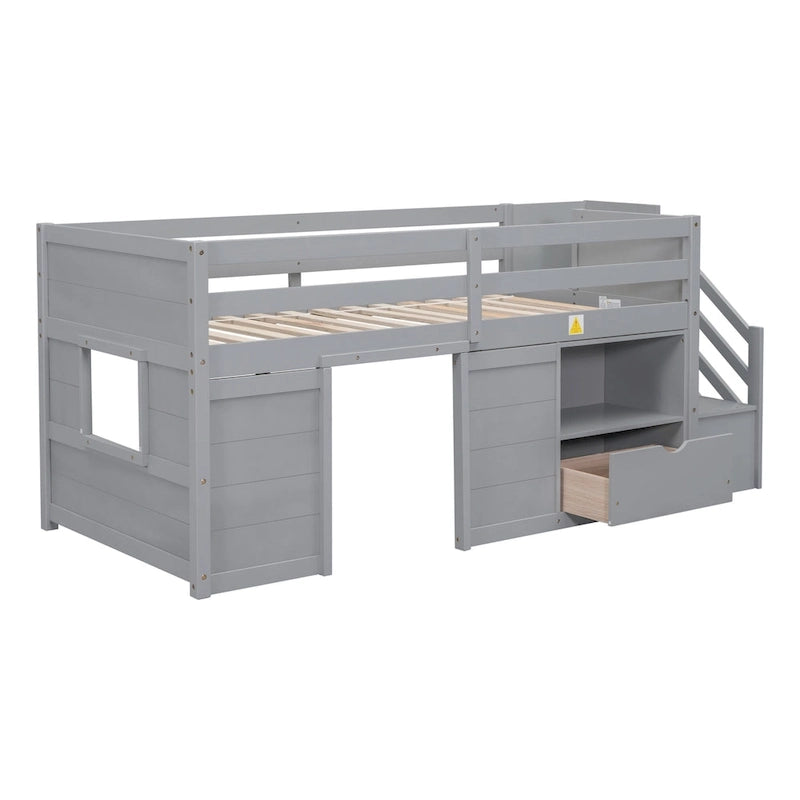 Laag halfhoog bed voor één persoon met trap, lade en plank – grijs