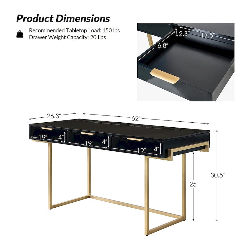 3-Drawer Desk with USB Ports and Outlet