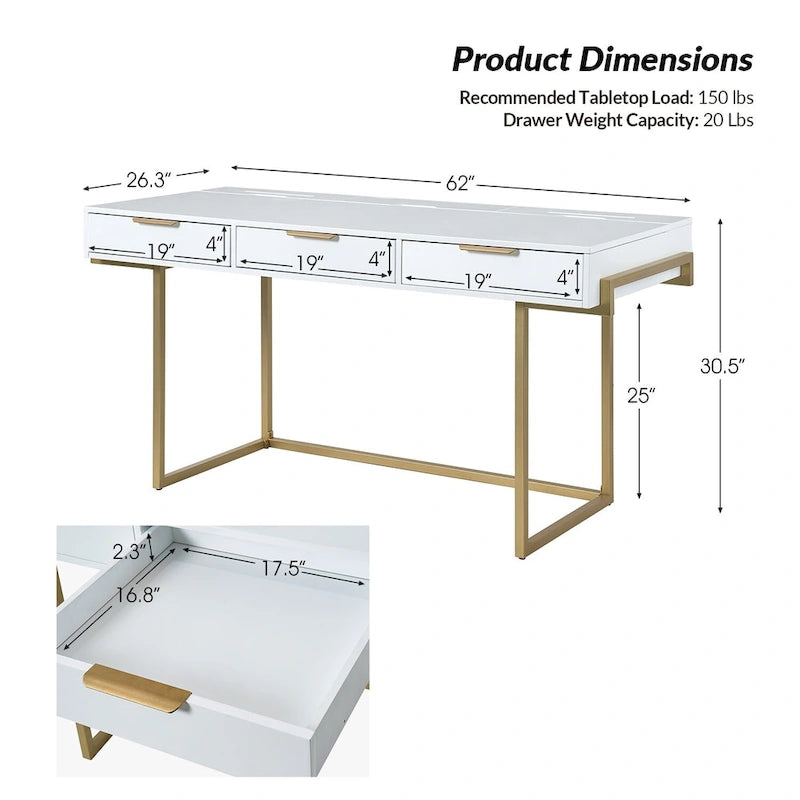 3-Drawer Desk with USB Ports and Outlet