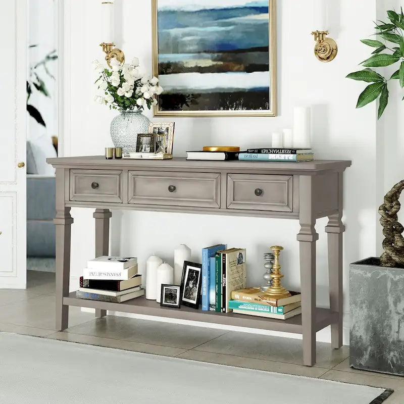 Retro Console Table with 3 Drawers and Bottom Shelf